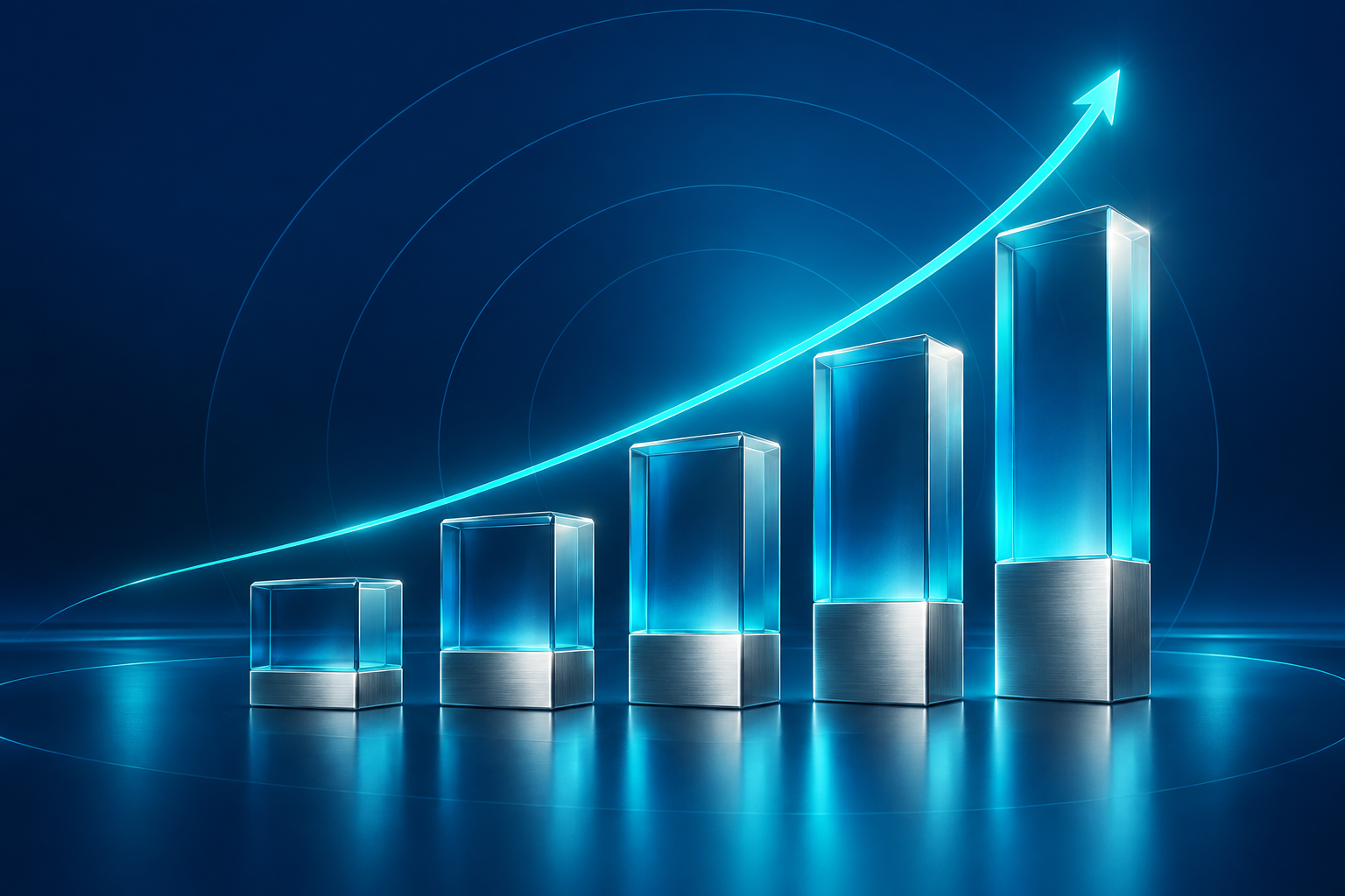 Ilustración conceptual de capital en expansión, con volúmenes ascendentes y una curva luminosa